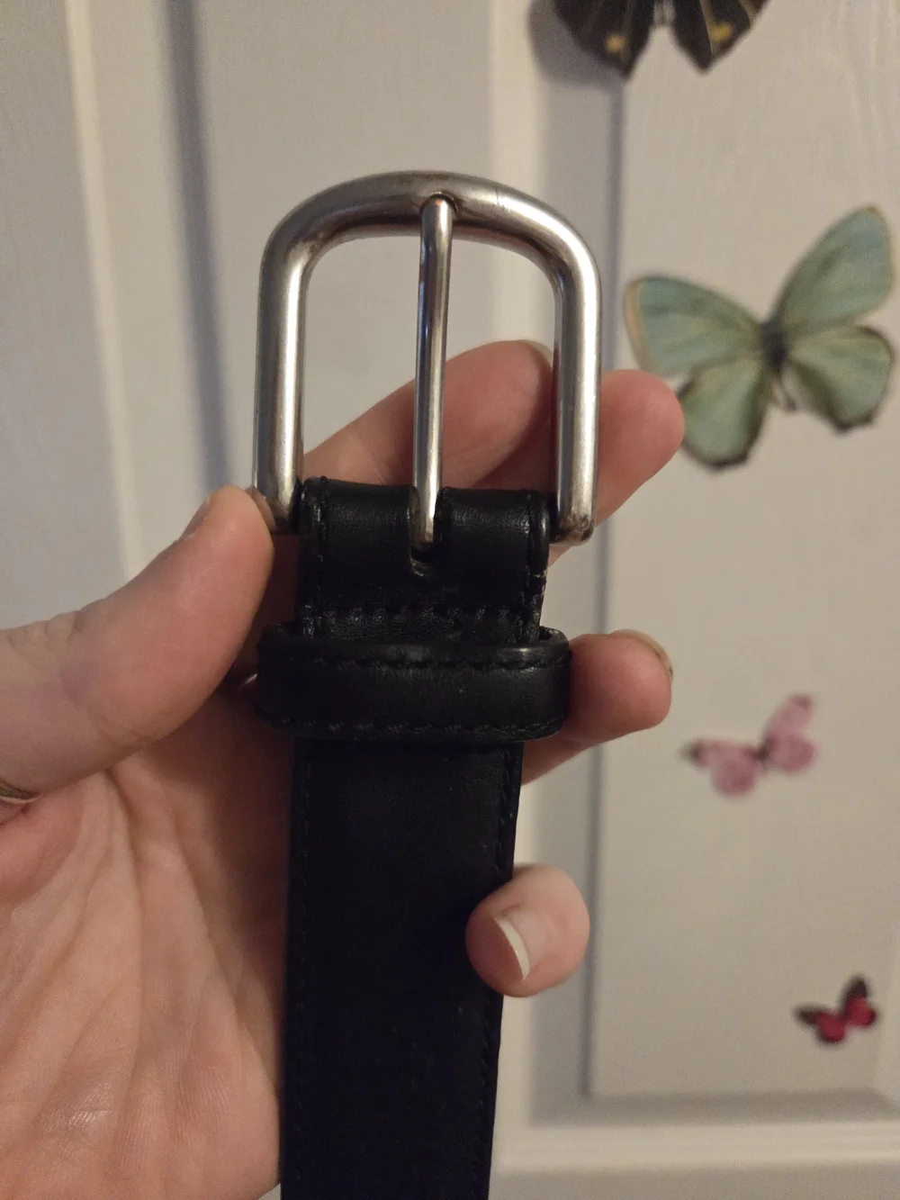 L.L. Bean Black Leather Belt with Silver Buckle Size 38